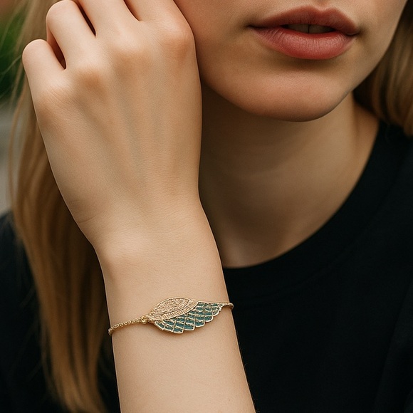 14K GP paved Angel wing Bracelet blue & clear CZ adjustable size - Picture 3 of 7